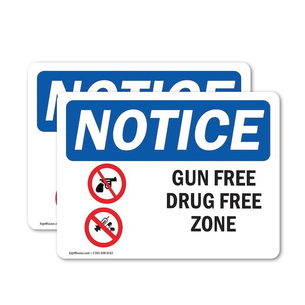 Signmission Gun Free Drug Free Zone OSHA Notice Sign, Vinyl Decal, 10in W x 7in L, 2PK OS-2PACK-NS-D-710-L-15754 - main